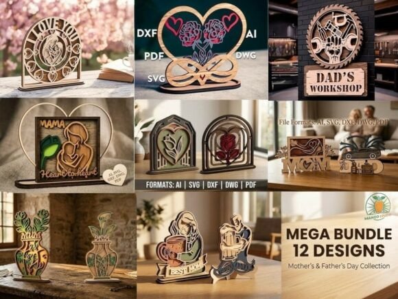 12 Mother Father Day Layered SVG Bundle for Laser Cutting Projects