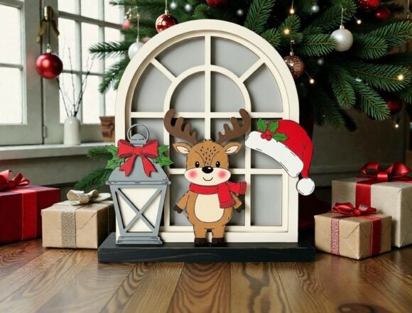 Cute Reindeer Window Scene SVG: A Festive Laser Cut Design for Winter Amp Projects